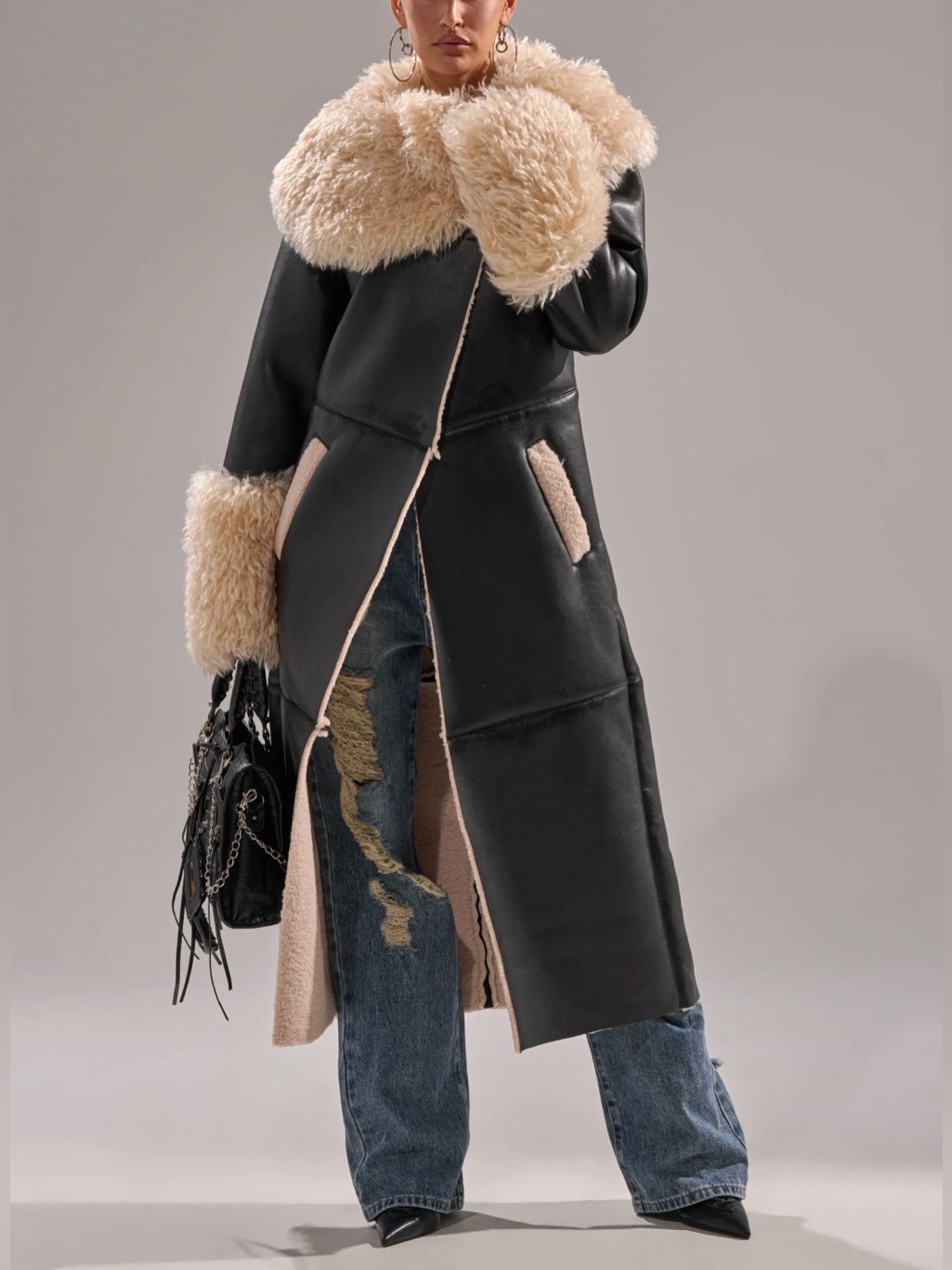 Azalea Wang Black Faux Leather Long Trench Coat With Cream Shearling Trim Large